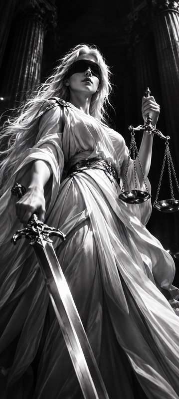 Low angle shot of blindfolded Lady Justice holding scales and a sword inside an ornate columned t...