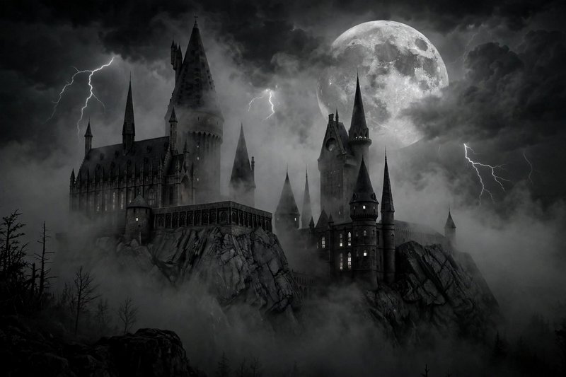 Spooky gothic wizard castle perched on a misty cliff under a stormy full moon sky with lightning