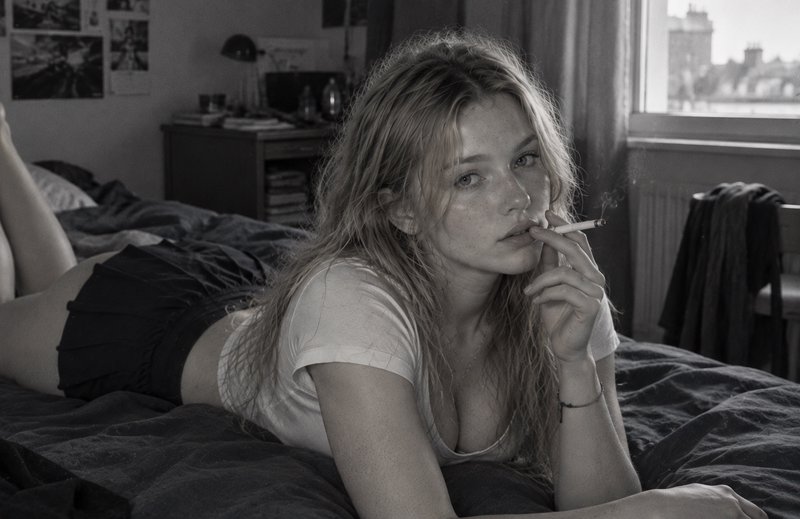 Young blonde woman reclining on a messy bed holding a lit cigarette, looking toward the camera in...