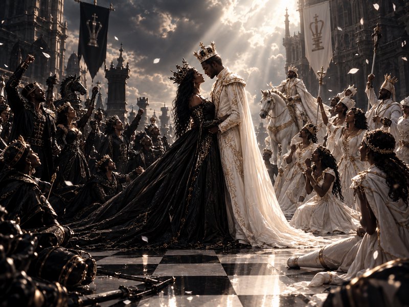 Crowned royal couple stand face to face during a grand coronation ceremony surrounded by cheering...