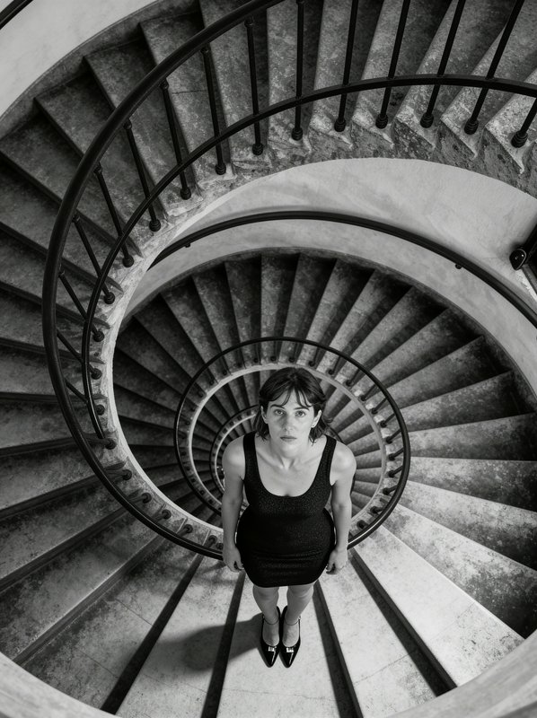 Woman in a black dress looks up directly from the center of a curving spiral stone staircase