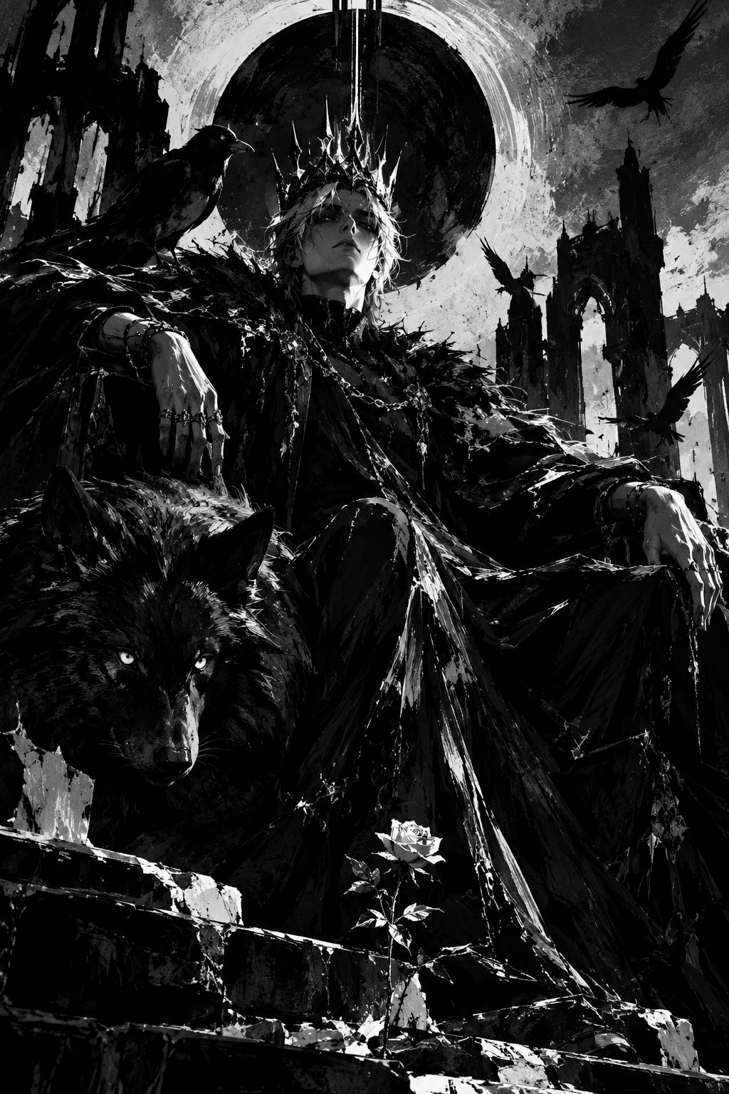 Brooding gothic dark king with spiked crown sits beside a giant wolf under a solar eclipse