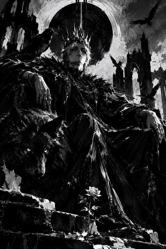 Brooding gothic dark king with spiked crown sits beside a giant wolf under a solar eclipse