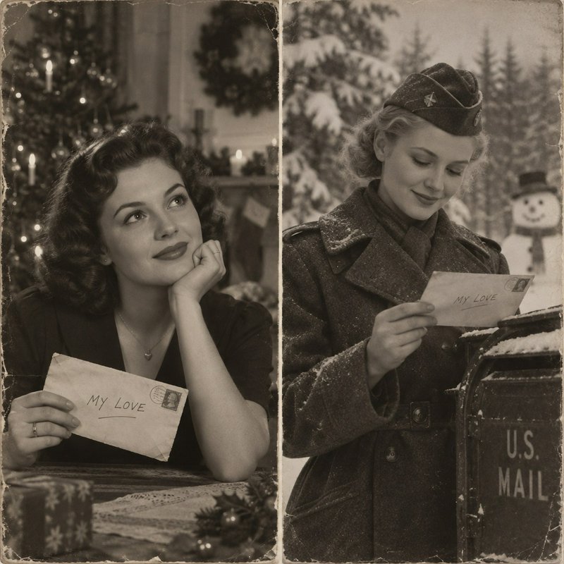 Split panel vintage photo of 1940s women holding "My Love" letters in Christmas winter settings