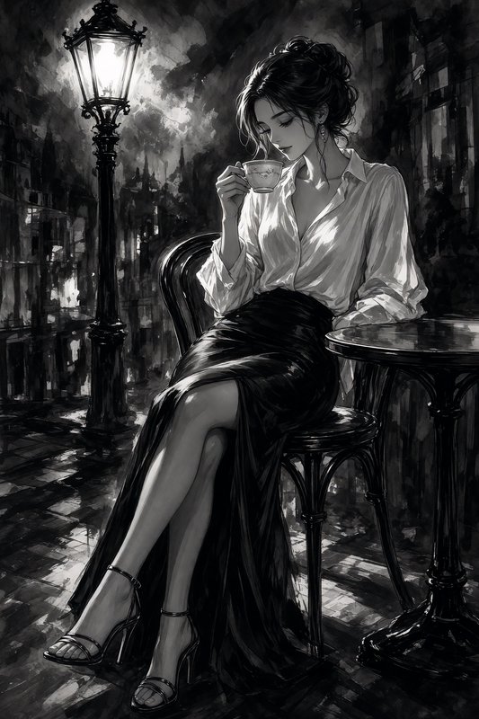 Elegant woman sipping tea at an outdoor sidewalk cafe beside a glowing vintage street lamp at night