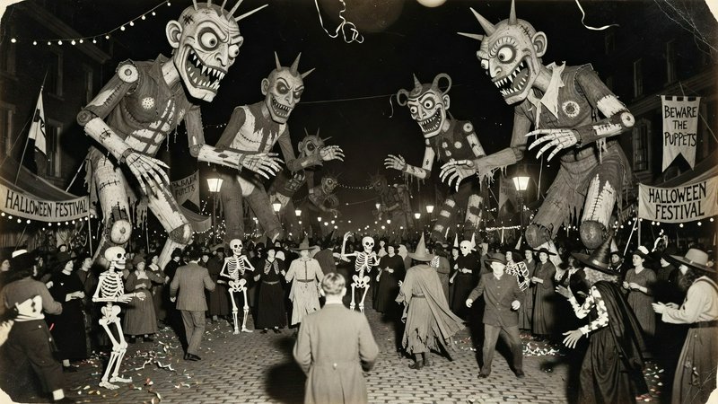 Vintage Halloween street festival with giant grotesque monster puppets towering over costumed att...