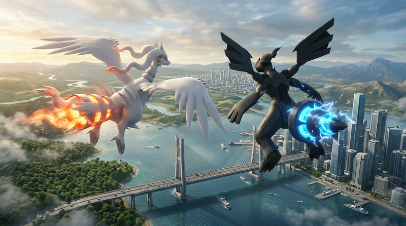 Legendary Pokemon Reshiram and Zekrom flying high over a modern riverside city