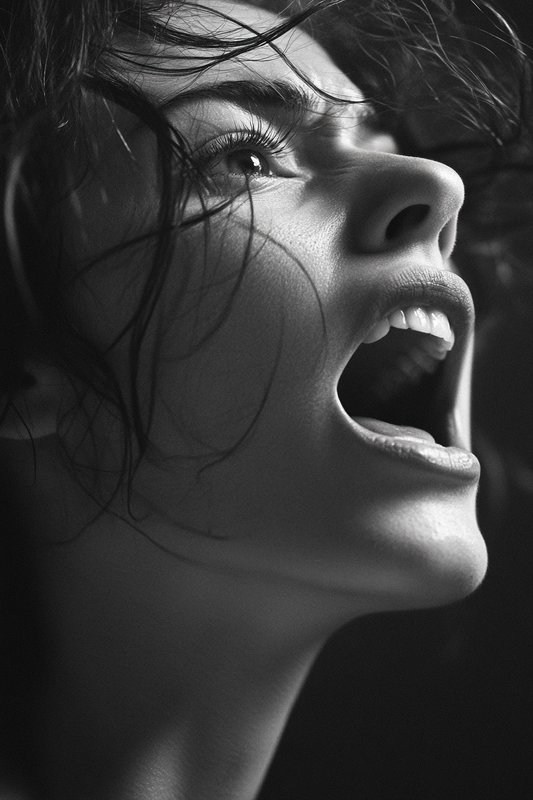 Dramatic close up black and white portrait of a woman with wet tousled hair, mouth open looking u...