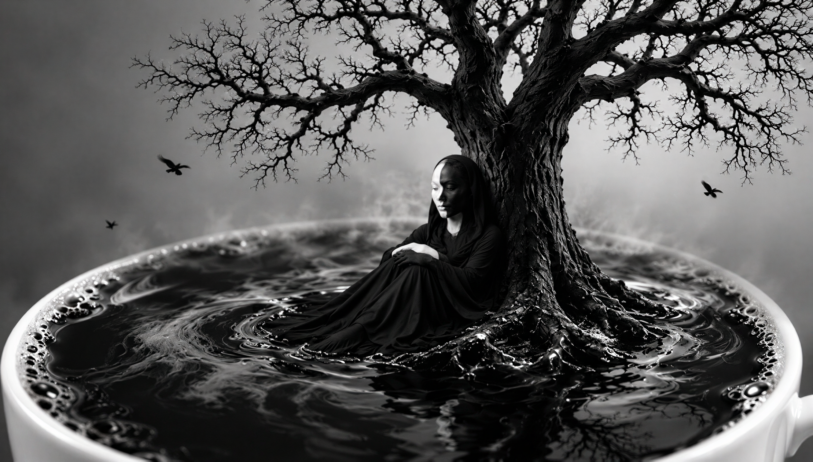 Surreal gothic scene of a hooded figure and gnarled dead tree growing from a giant coffee cup with crows overhead