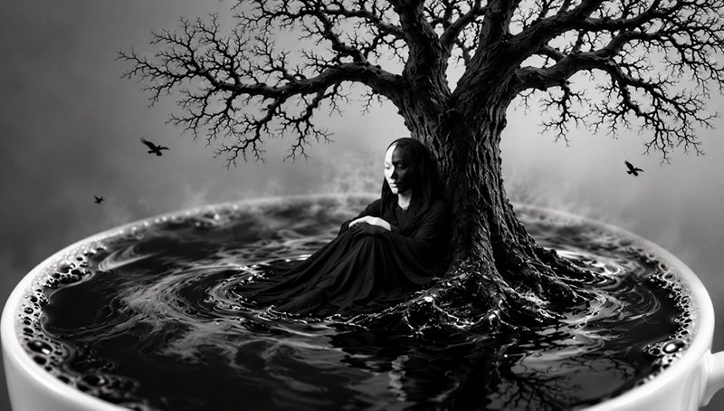 Surreal gothic scene of a hooded figure and gnarled dead tree growing from a giant coffee cup wit...
