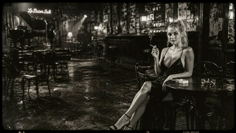 Elegant blonde woman in a sparkly gown smokes while seated at a moody vintage bar table
