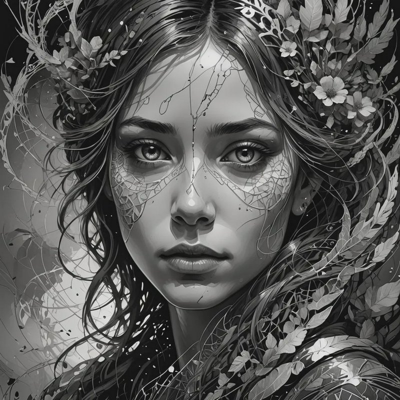 Monochrome portrait of an ethereal nature woman with floral hair and delicate cracked web facial ...