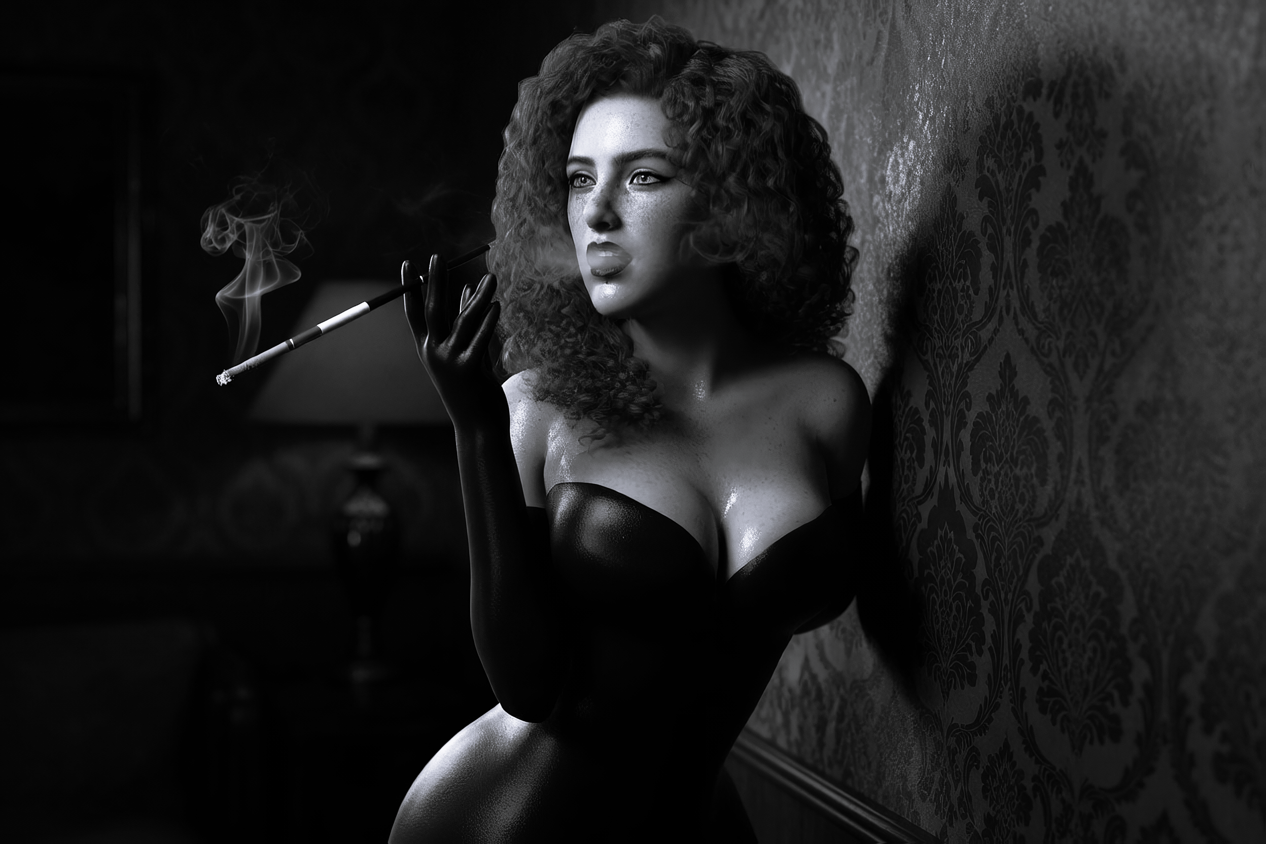 Sultry noir portrait of a curly haired woman holding a long cigarette holder against vintage damask wallpaper