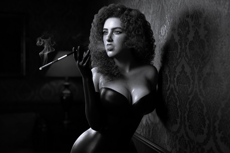 Sultry noir portrait of a curly haired woman holding a long cigarette holder against vintage dama...