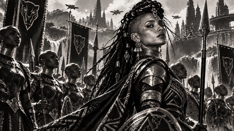 Afrofuturist warrior queen leads her all-female armored royal guard before a fantasy citadel back...