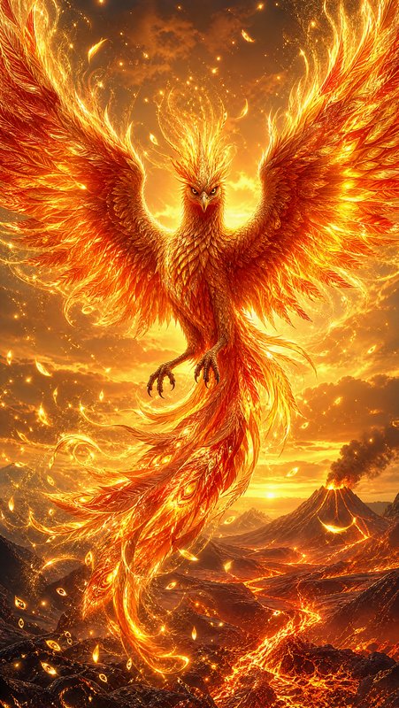 Blazing fiery phoenix with outstretched wings hovers over a lava-filled volcanic landscape