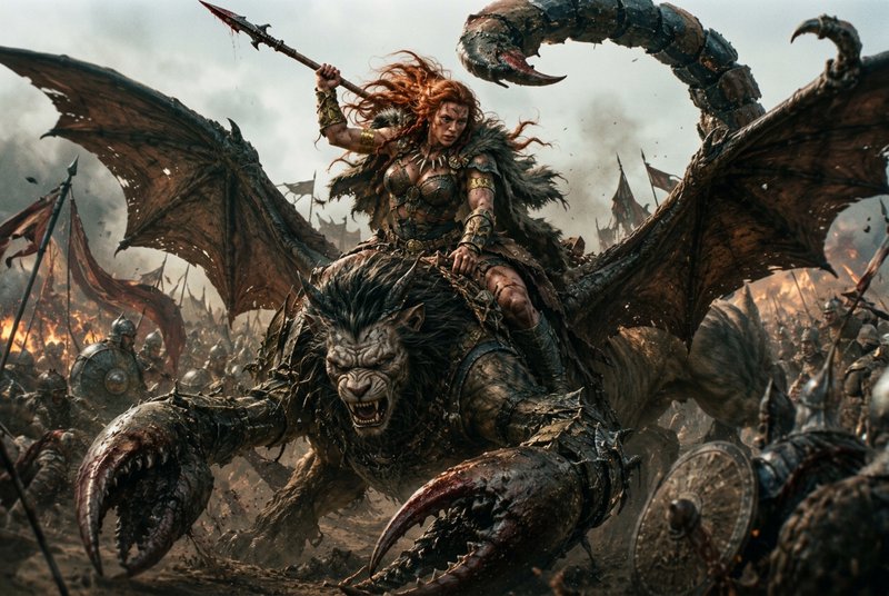Fierce red-haired warrior queen raises a spear while riding a monstrous chimeric beast into a cha...