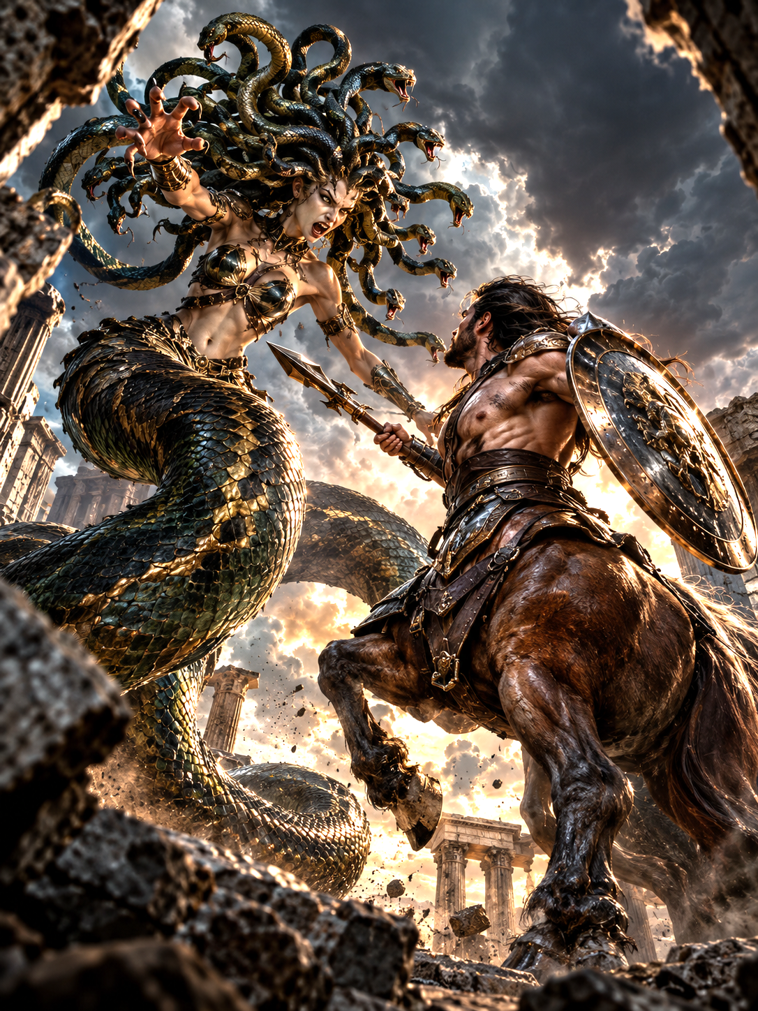 Medusa with coiling snake hair battles an armored centaur warrior amid crumbling ancient Greek ruins