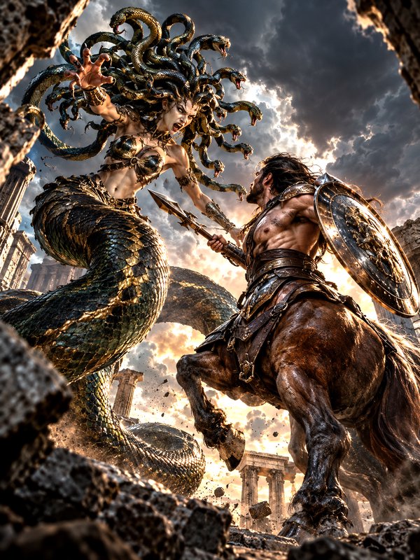 Medusa with coiling snake hair battles an armored centaur warrior amid crumbling ancient Greek ruins