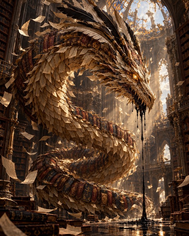 Mythic book and paper scaled dragon coiled inside a grand sunlit gothic library with floating pages