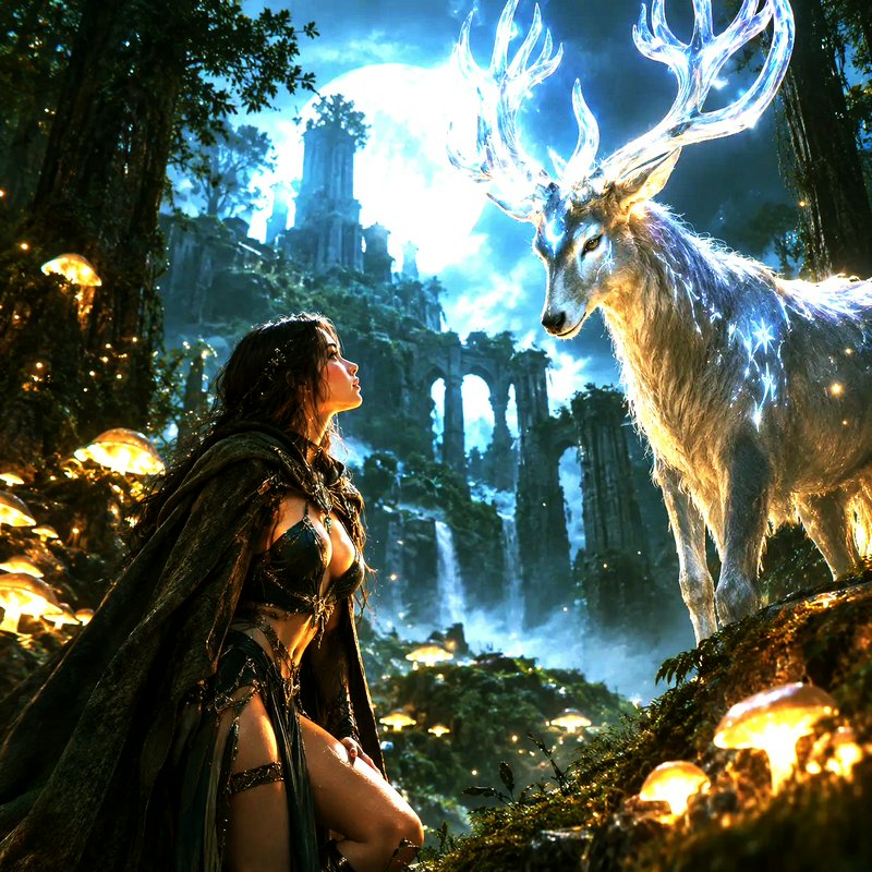 Elven adventurer gazing at a glowing crystal-antler stag in a moonlit enchanted forest