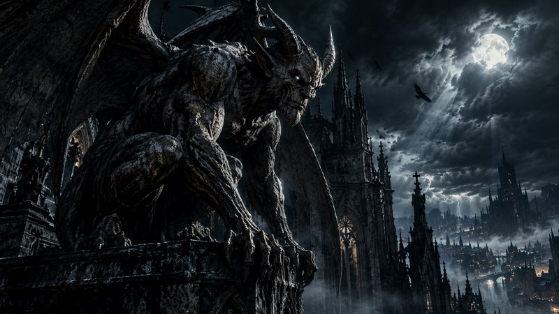 Menacing horned stone gargoyle perches on a cathedral ledge beneath a glowing full moon at night