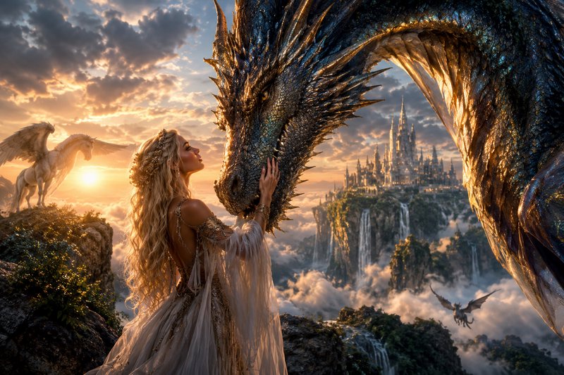 Blonde fantasy queen tenderly touching a giant scaled dragon overlooking a cloud kingdom at golde...
