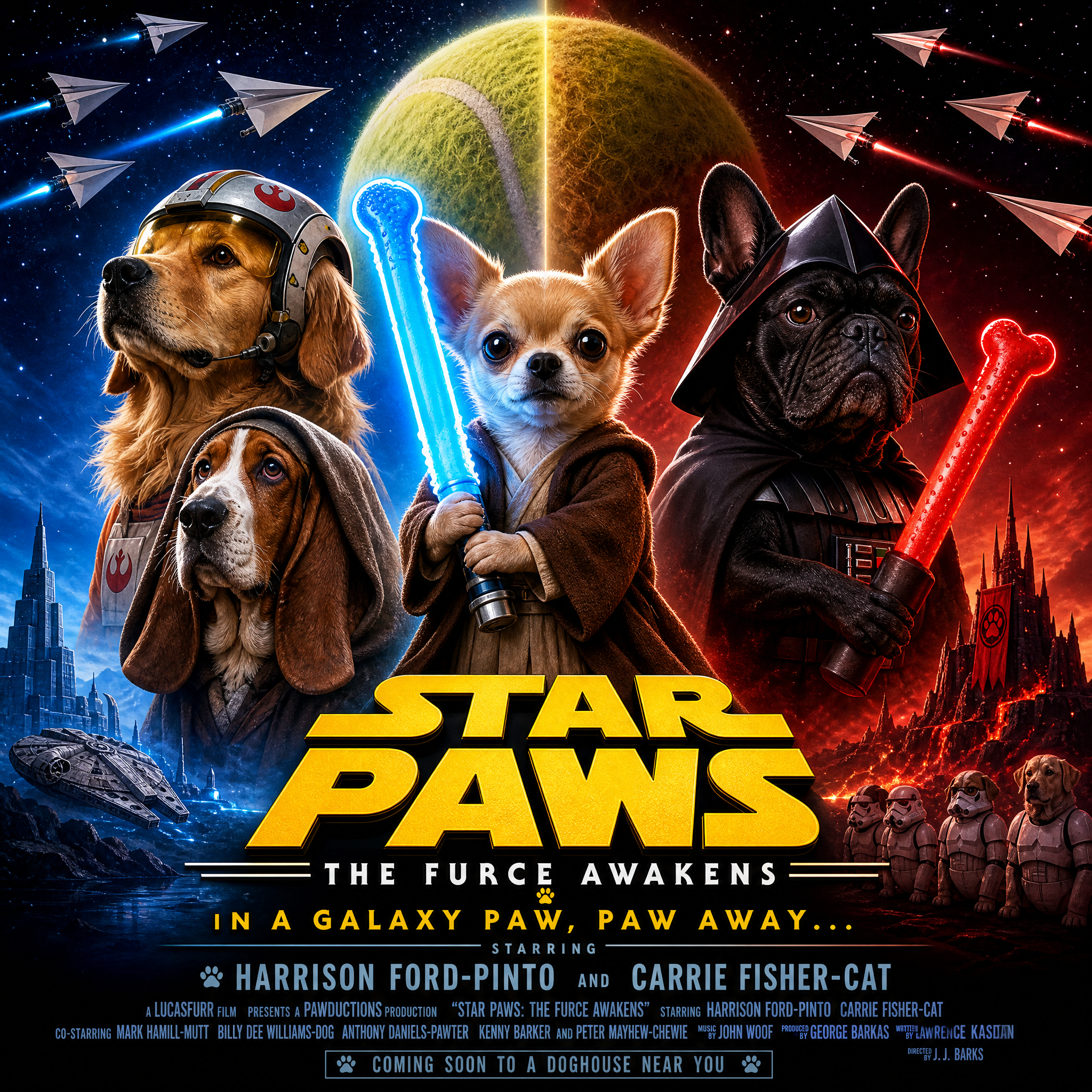 Parody Star Paws movie poster featuring dogs cosplaying Star Wars characters holding bone lightsabers