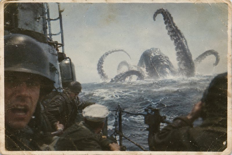 Shocked sailors on a military ship watch a giant kraken sea monster rise from churning ocean waters