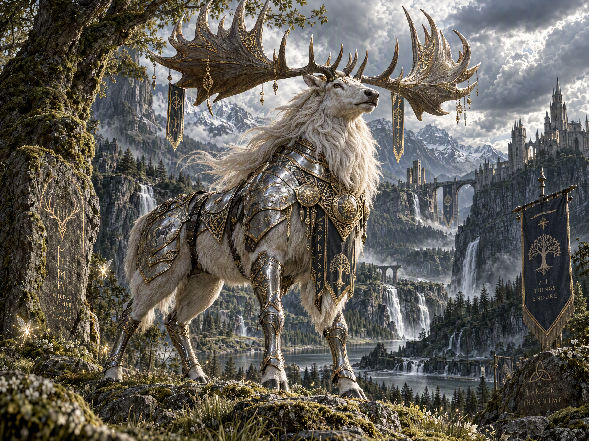 Majestic armored white fantasy stag with enormous antlers stands before an elven mountain kingdom landscape