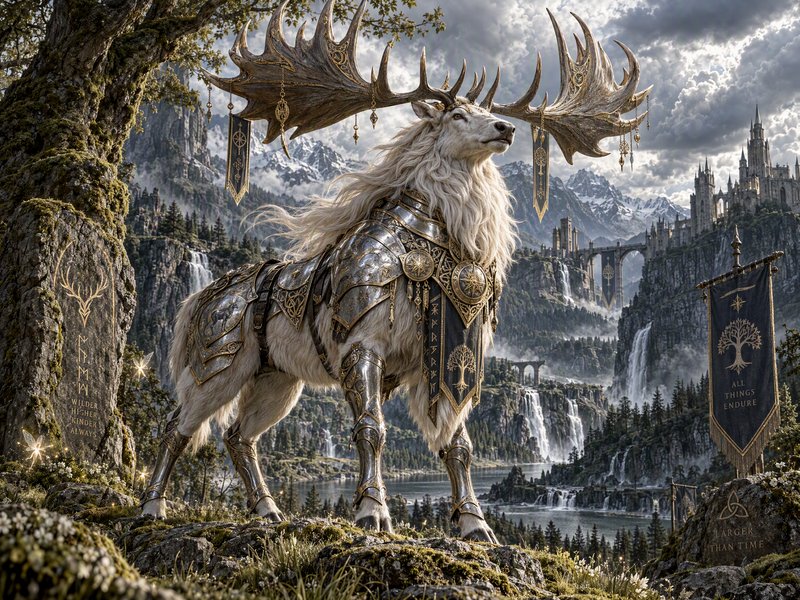 Majestic armored white fantasy stag with enormous antlers stands before an elven mountain kingdom...