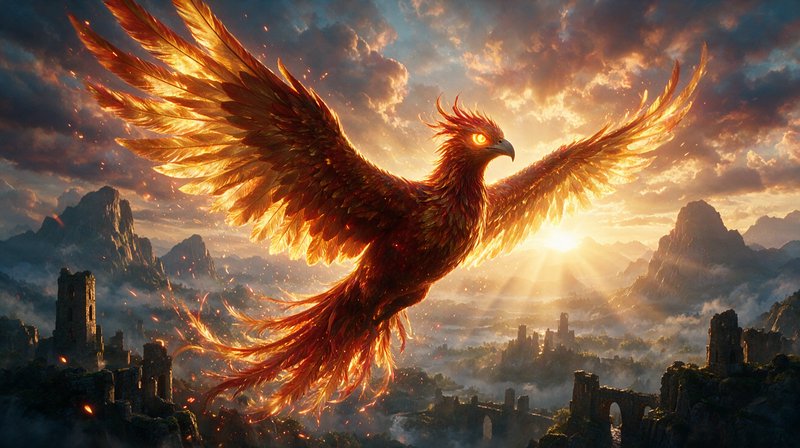 Glowing fiery phoenix soars over misty ancient castle ruins at golden sunrise