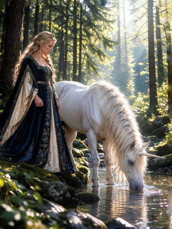 Fairytale elven princess stands beside a white unicorn drinking from a sunlit mossy forest stream