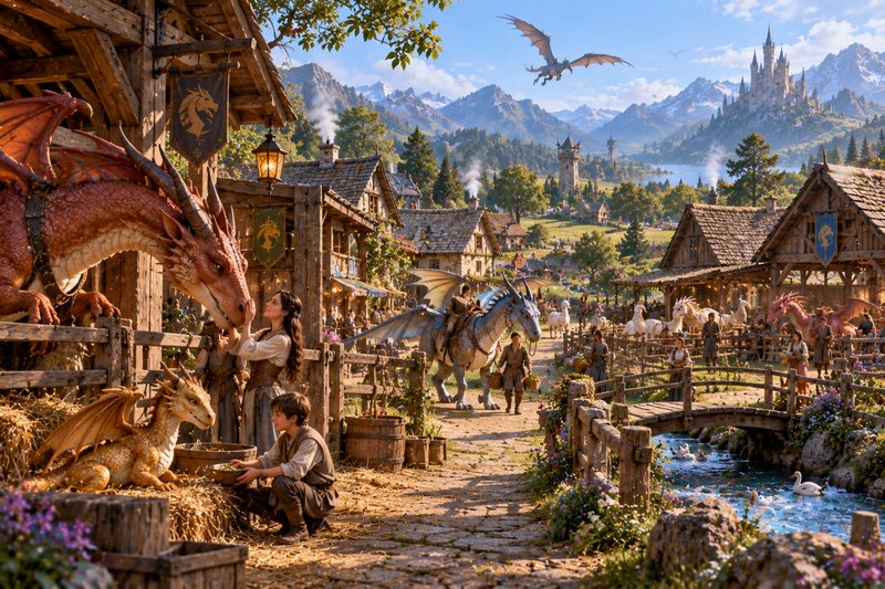 Villagers care for friendly domesticated dragons in a sunlit medieval fantasy village backed by s...