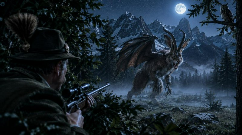 Hunter aims a scoped rifle at a snarling wolpertinger in a misty moonlit alpine mountain valley
