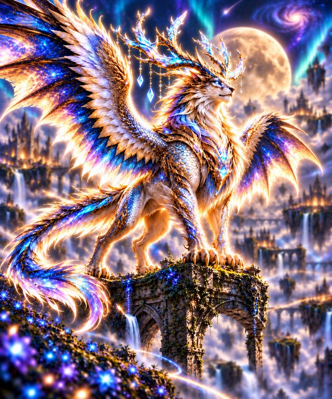 Glowing crystal-horned mythical winged chimera stands on a stone arch above floating sky castles ...