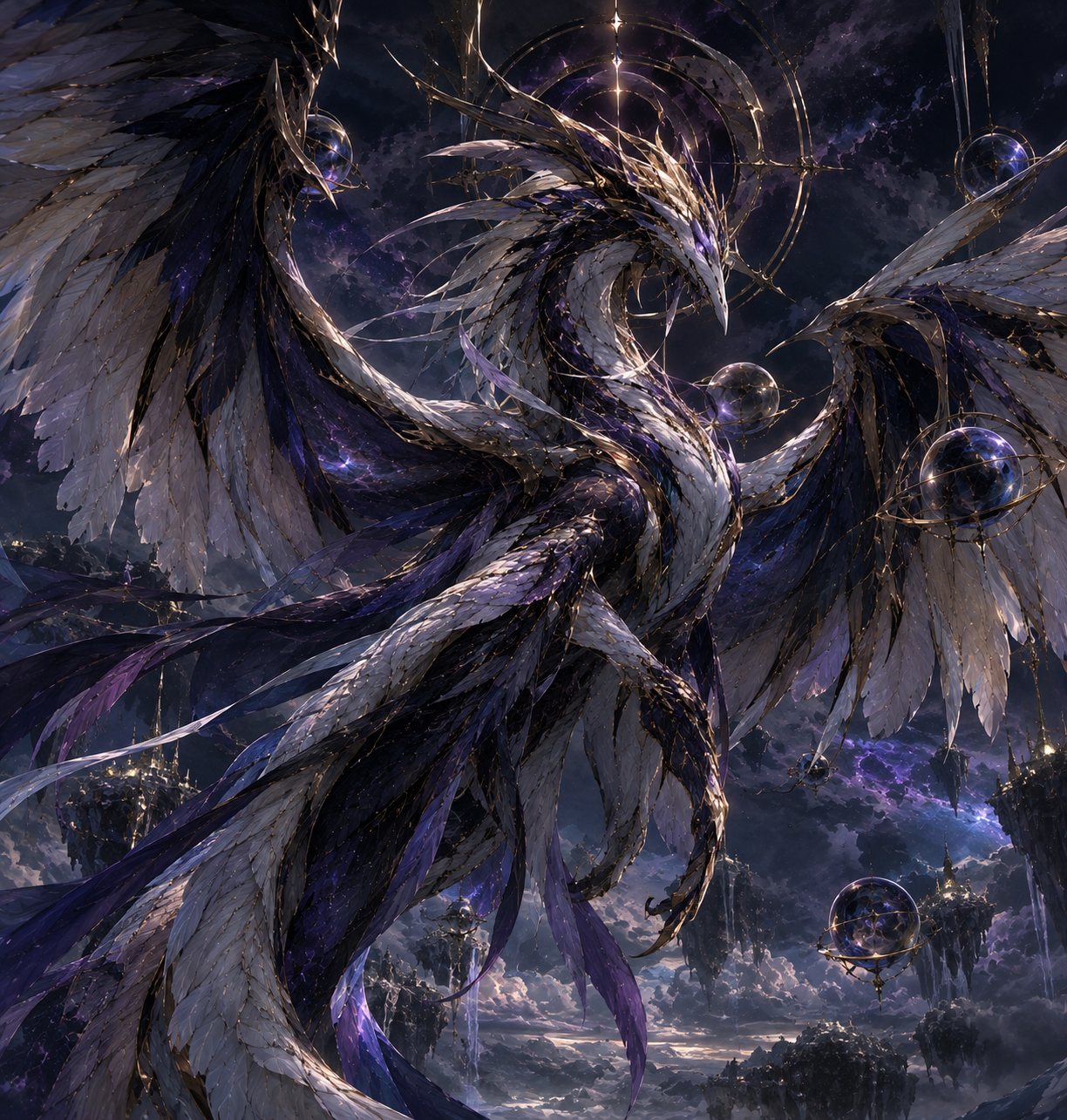Ornate feathered celestial dragon in purple white gold hovers above floating cosmic sky islets