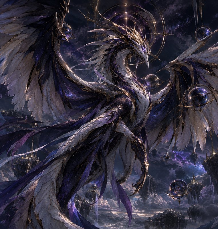 Ornate feathered celestial dragon in purple white gold hovers above floating cosmic sky islets