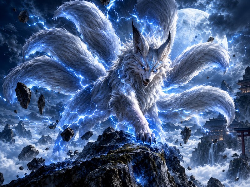 Lightning-wreathed nine-tailed fox stands atop a rocky peak under a stormy full moon sky