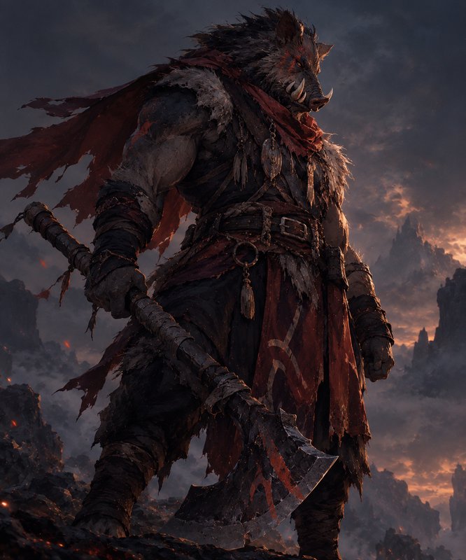Hulking anthropomorphic boar barbarian holds a massive battle axe atop a misty mountain peak at dusk