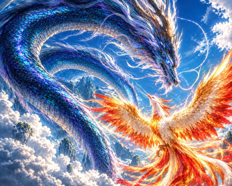 Iridescent blue eastern dragon faces a fiery glowing phoenix above cloud covered mountain peaks