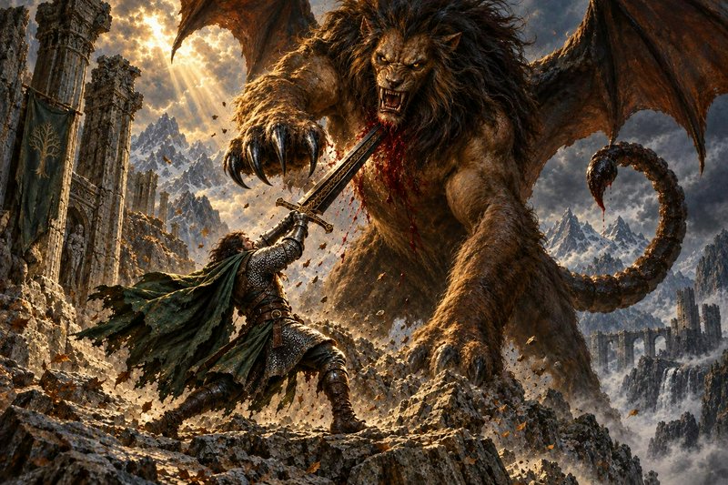 Armored knight stabs a giant winged manticore with a greatsword atop ancient mountain ruins