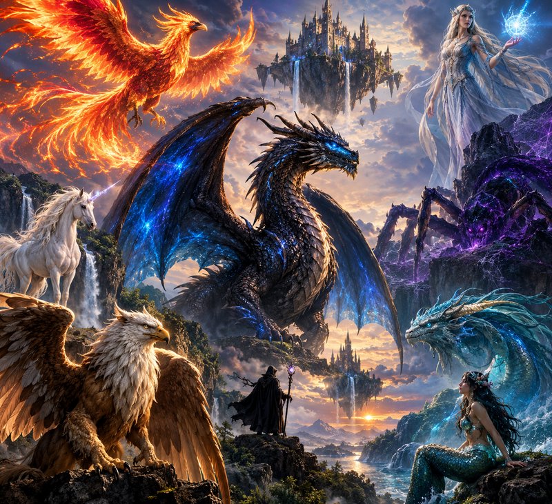 Epic high fantasy scene of mythical creatures and magical characters around floating castles at g...