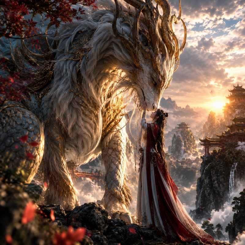 East Asian fantasy priestess gently touching a giant divine furred dragon above misty mountain pa...