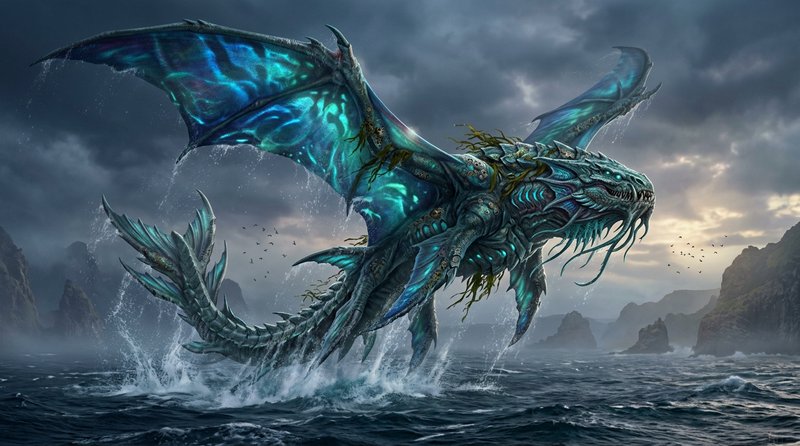 Glowing teal armored sea dragon surges from crashing stormy coastal ocean under cloudy skies