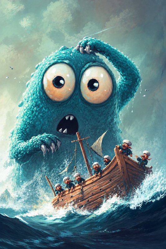Confused wide-eyed turquoise sea monster looms over a panicked wooden ship of sailors in stormy seas