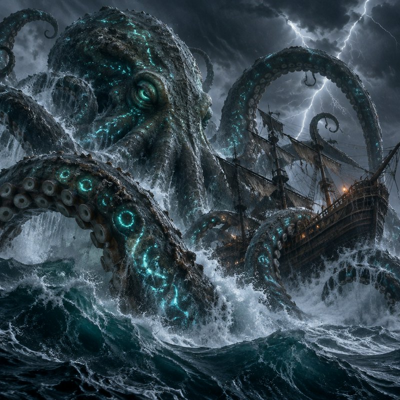 Massive glowing kraken attacking a wooden sailing ship during a lightning-wracked ocean storm
