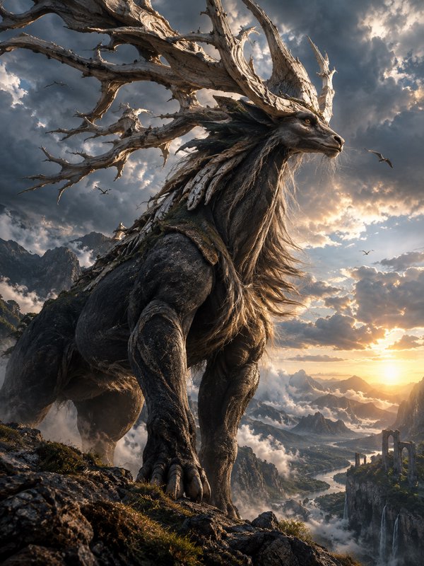 Ancient mythical forest beast with gnarled wooden antlers stands on a mountain peak at golden sunset