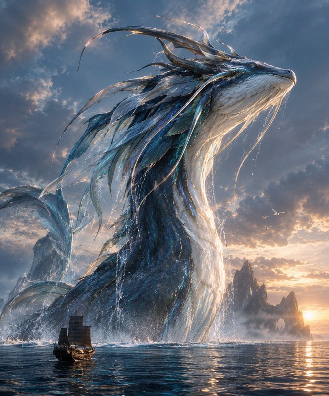 Giant iridescent feathered sea dragon rises from the ocean beside a small wooden sailing ship at ...