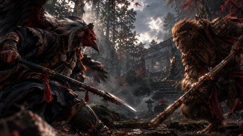Sun Wukong faces a menacing winged bird warrior in a misty forest shrine battlefield